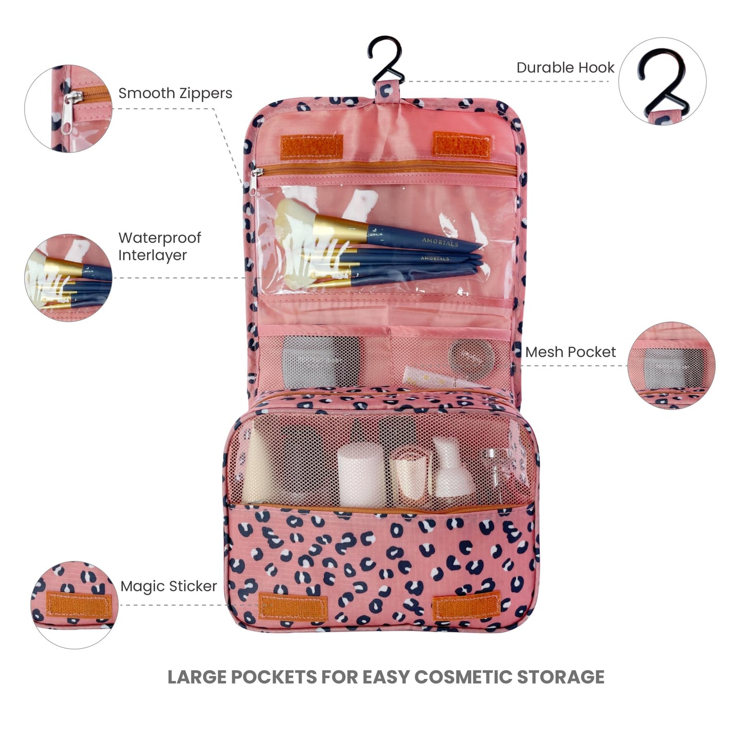 Lcsmaokin Large Capacity Toiletry Bag Travel Bag with Hanging Hook for Men and Women Waterproof Travel Cosmetic Bag Bathroom Storage Bag for Brushes Set,Full-Sized Shampoo,Accessories -Grey Flamingo