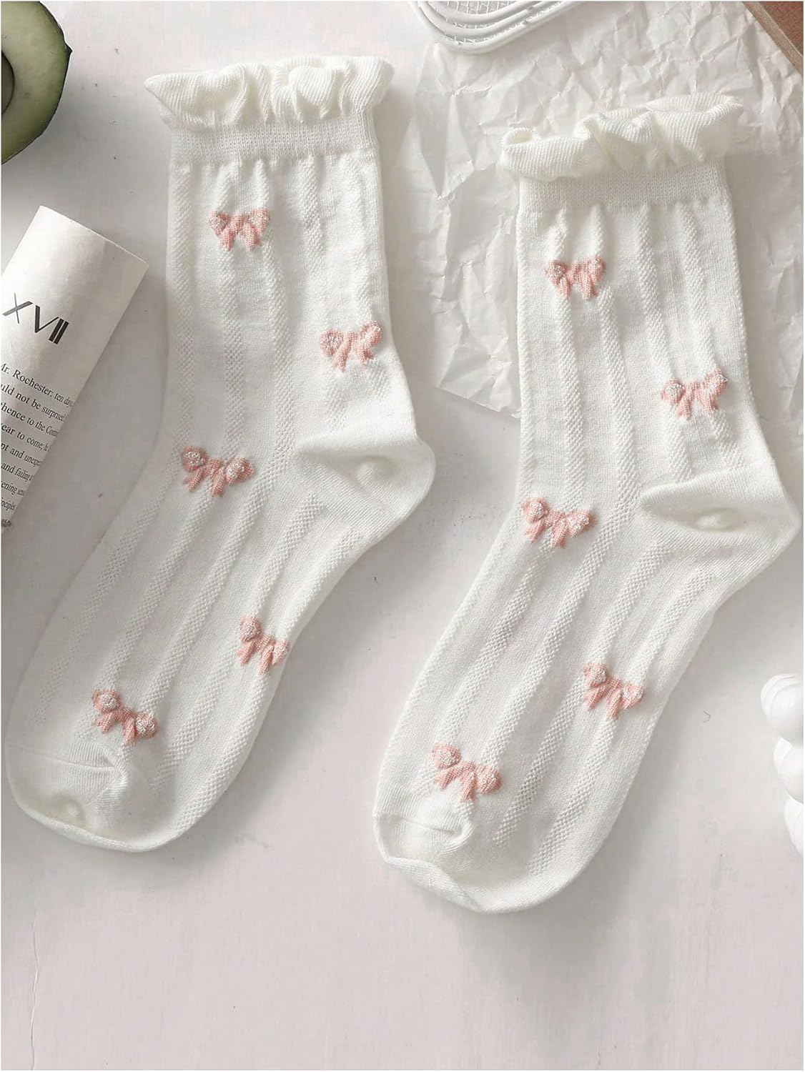 SHENHE Women's Crew Socks - Cute Ruffle Bow Print Design | 5 Pairs of Knitted Mid Calf Socks