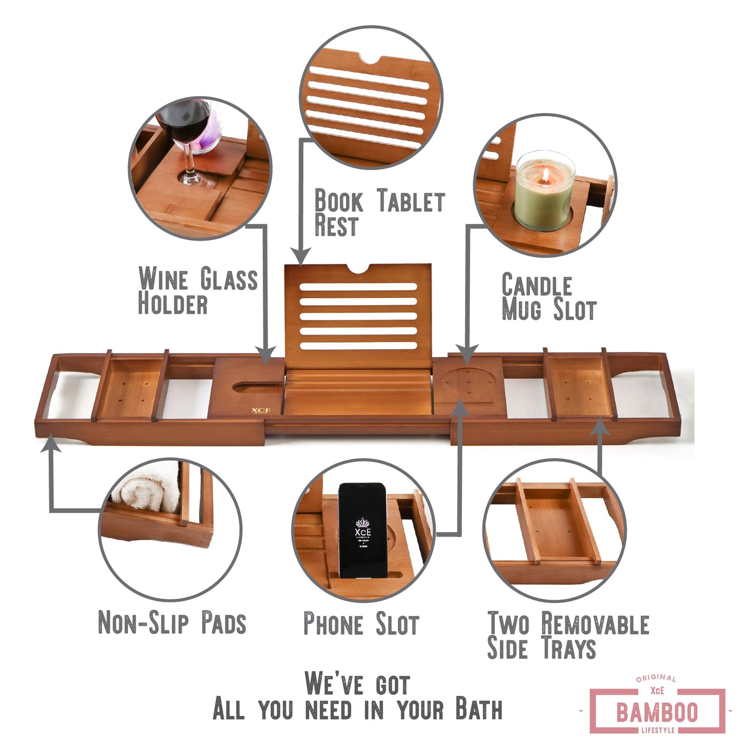 XcE Bathtub Caddy Tray Expandable to 105cm with Bamboo Book Stand and Soap Tray, Brown