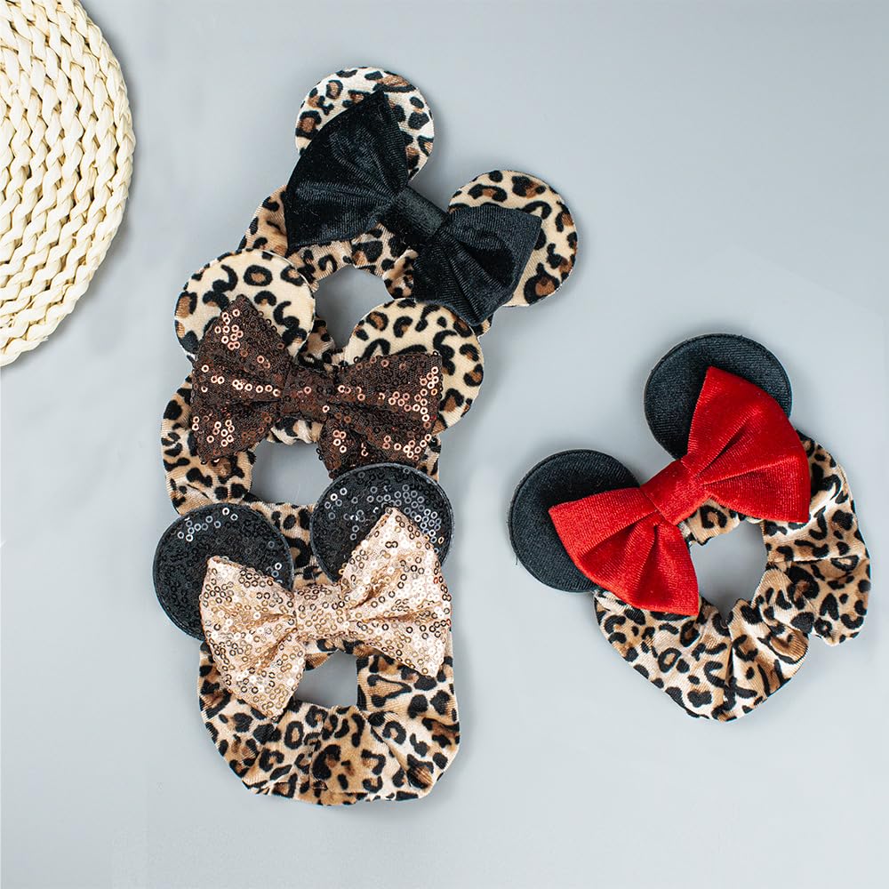 JIAHANG Velvet Cheeath Mouse Ear Hair Scrunchies, Leopard Print Costume Sequins Bow Ponytail Holder Elastic Hair Tie 4 Pack for Girls Women (leopard set)