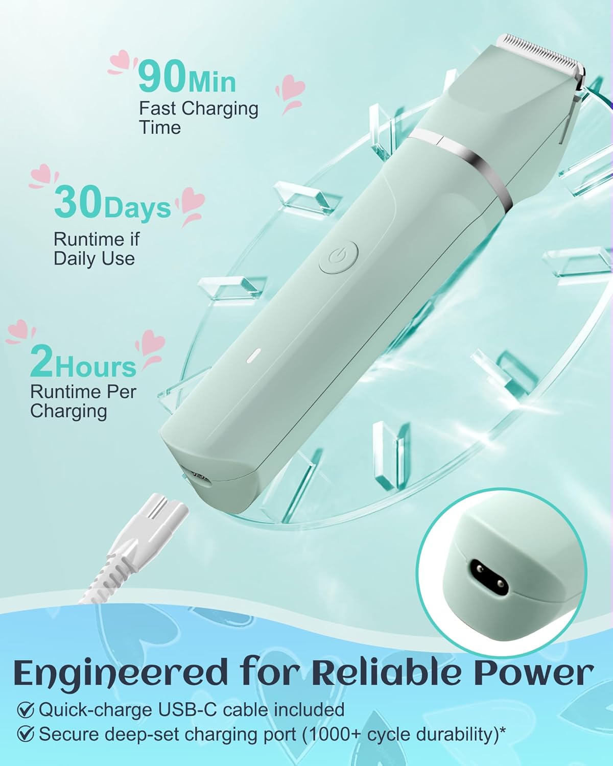 Skiennix Bikini Trimmer for Women - Rechargeable Electric Razor with Ceramic Blades | Waterproof, Green