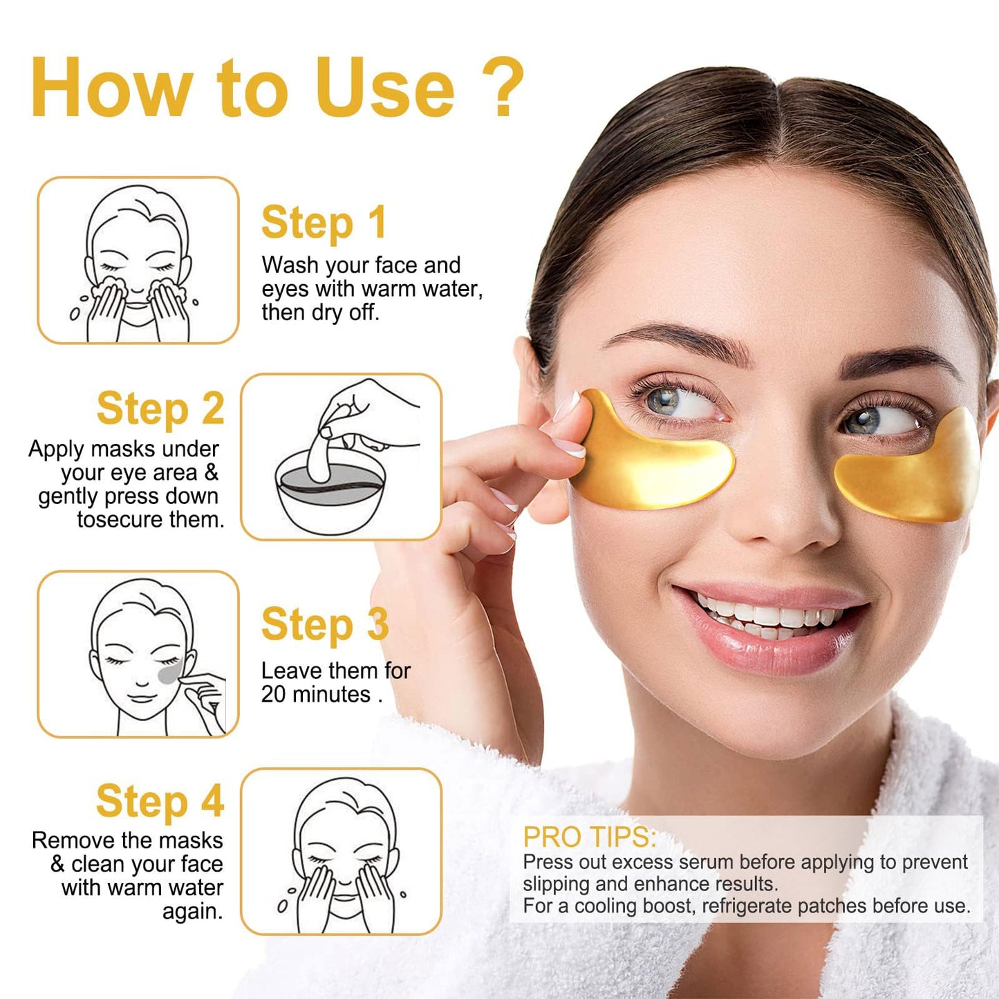 LAVONE Eye Mask-30 Pairs 24K Gold Under Eye Patches Skin Care Products-Eye Masks Skincare for Dark Circles and Puffiness,Reduce Wrinkles,Eye Bags and Fine Lines,for Women and Man,with Hair Clips