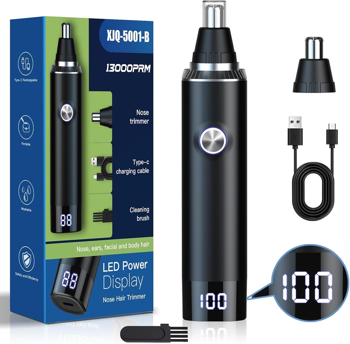 Ginity Ear & Nose Hair Trimmer - Painless USB Rechargeable with LED Display | IPX7 Waterproof Dual Edge Blades