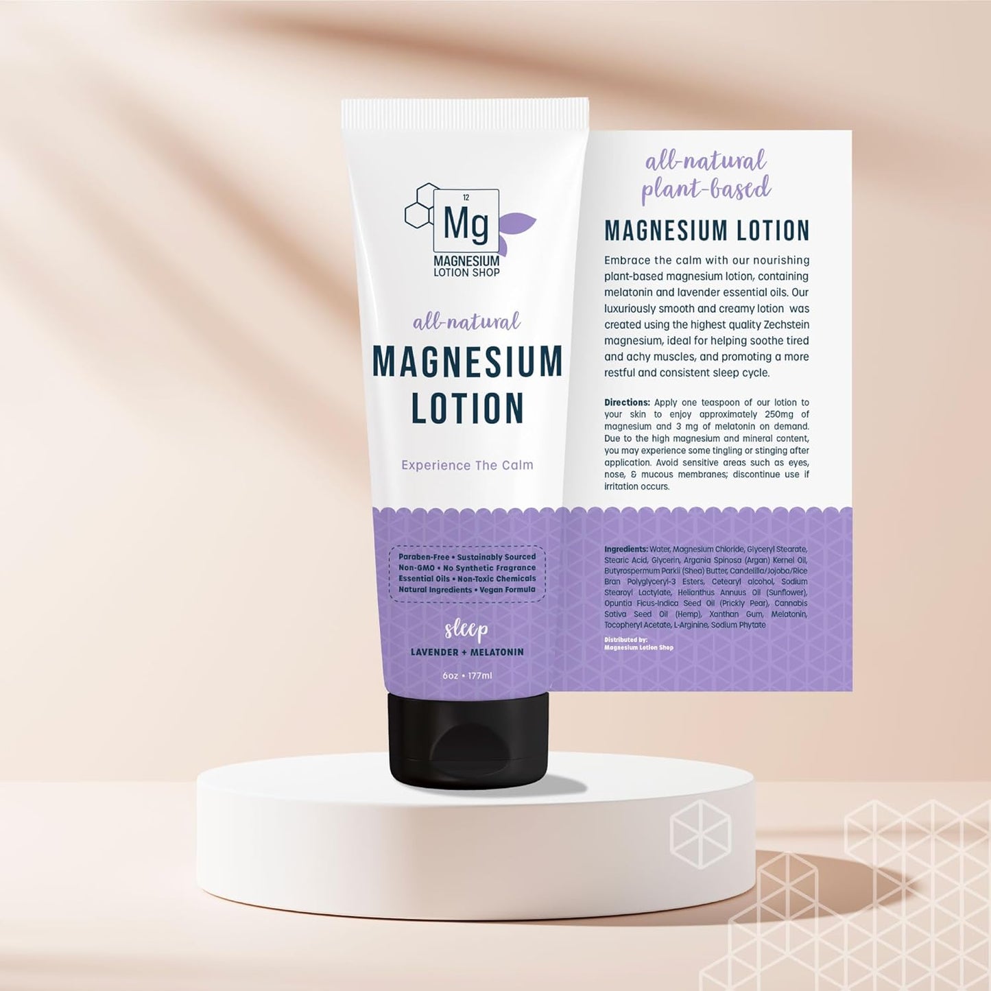 Zechstein Lavender Scented Melatonin Magnesium Lotion - Relaxing Sleep Aid | 250 mg Magnesium & 3 mg Melatonin | 6 oz Bottle
