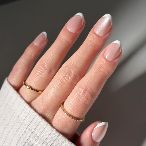 Glamnetic Press On Nails - Angelic Touch Spring Nails | Short Oval Fake Nails in a Delicate Nude Base with White French Tips and a Velvet Finish | 15 Sizes - 30 Nail Kit with Glue