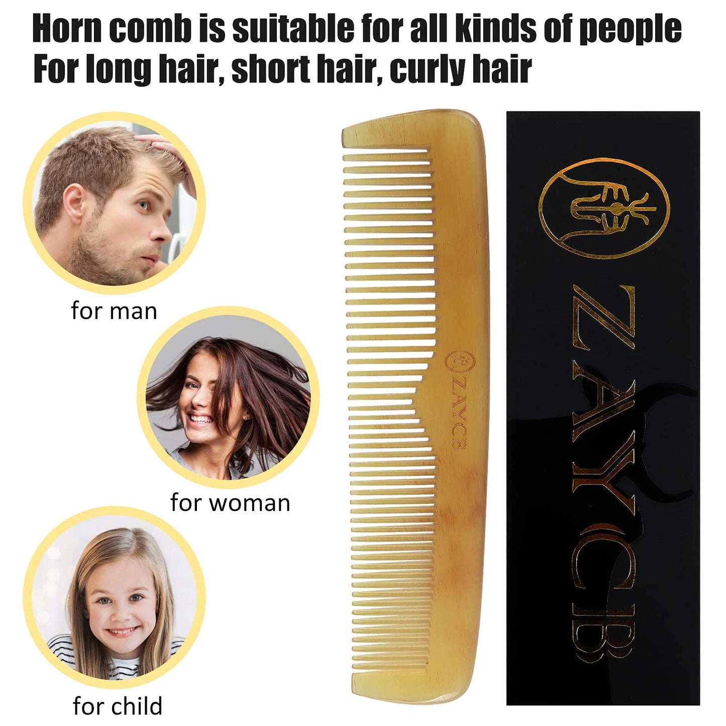 ZAYCB Buffalo Horn Fine Tooth Comb - Anti-Static Hair Comb - Hair Styling Detangling Comb for All Hair Types (Men, Women, Kids)