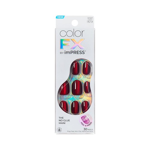 Kiss Impress No Glue Mani Press On Nails - ColorFX 'Hidden Gem' Red, Short Oval Shape, 30 Nails & Accessories