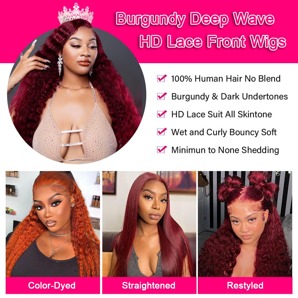 Skiennix 24-Inch 99J Burgundy Deep Wave Wig - HD Transparent Lace Front, 180 Density, Pre-Plucked