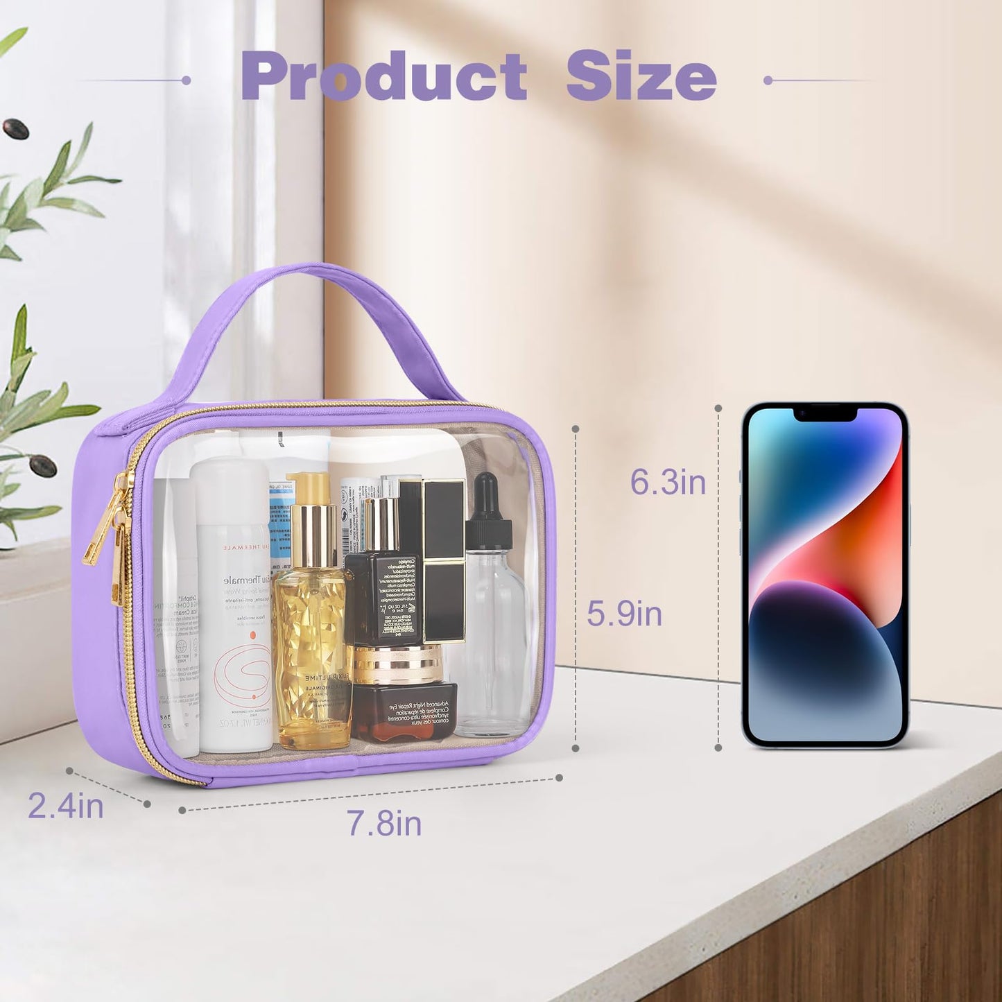 Wedama TSA Approved Toiletry Bag, 2 Pack Clear Makeup Bags with Handles, Quart Size PVC Clear Cosmetic Bags for Women and Men, Carry on Airport Airline Compliant Bag, Purple