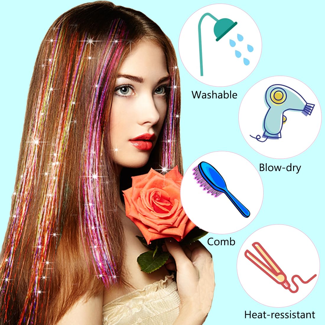 Hair Tinsel Kit (48 Inch,12 Colors, 3000 strands), Fairy Tinsel Hair Extensions with Tools - Glitter Hair Tinsel Heat Resistant Accessories for Girls Women Kids Christmas New Year Halloween Cosplay