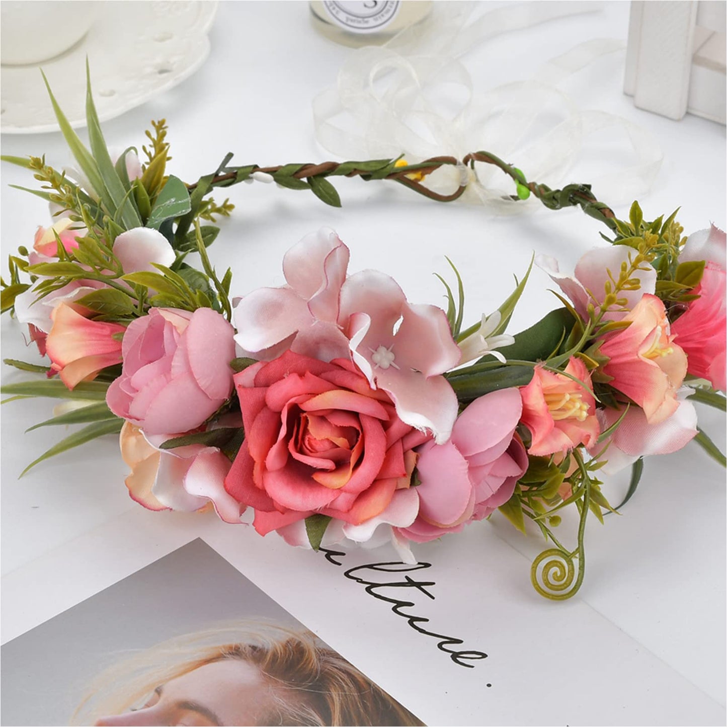 YnimioAOX Handmade Adjustable Flower Wreath Headband Halo Floral Crown Garland Headpiece,ZN2-hot Pink