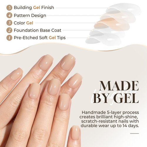 UNA GELLA Short Square Press On Nails: Nude Soft Gel Press Ons Short with Nail Glue, 16 Sizes - 32 Reusable Fake Nails Kit, Skin Tone Nude