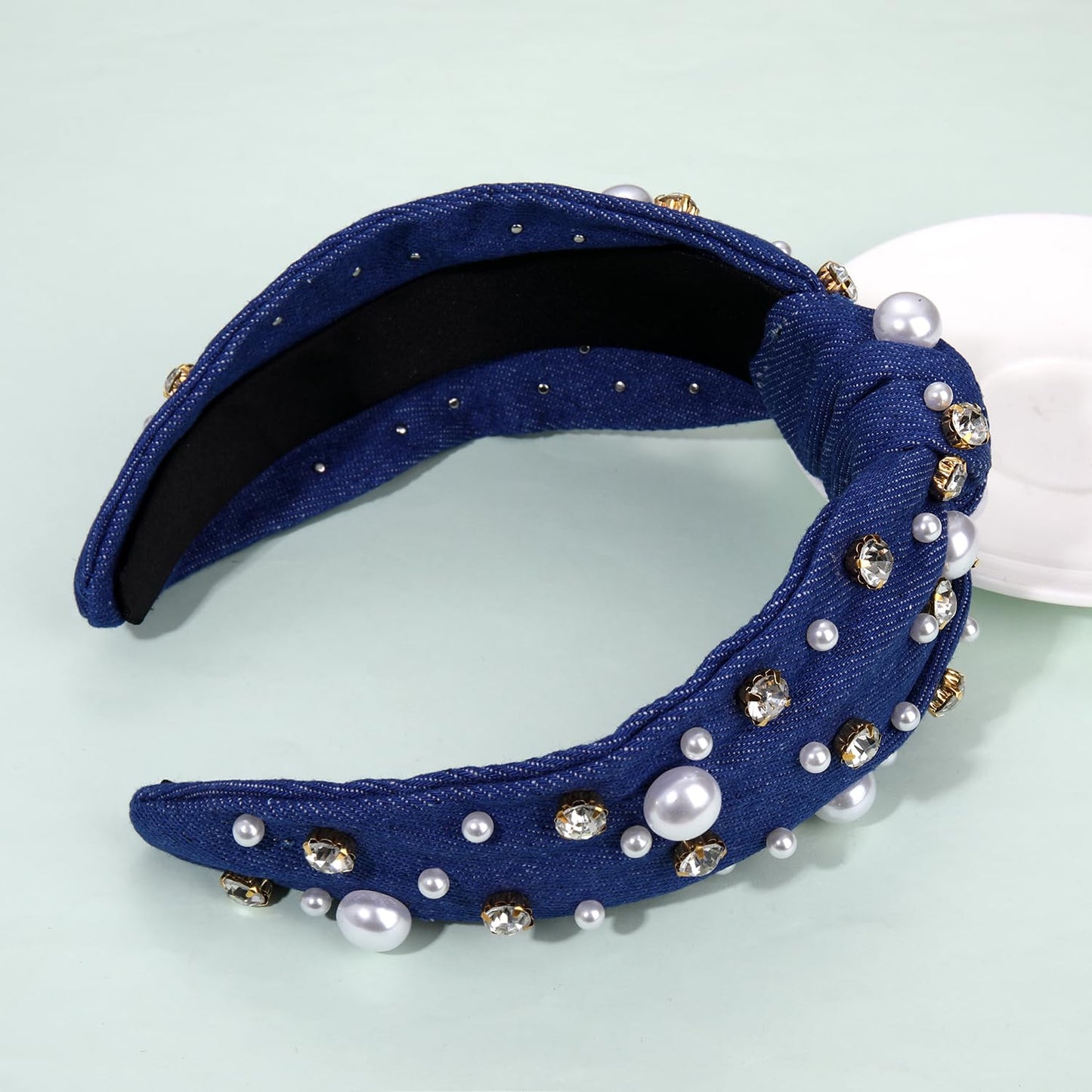 GLBCC Pearl Knotted Headband for Women White Pearl Rhinestone Jeweled Hairband Fashion Ladies Wide Bride Boho Party Hair Accessories (denim dark blue knot hairband)