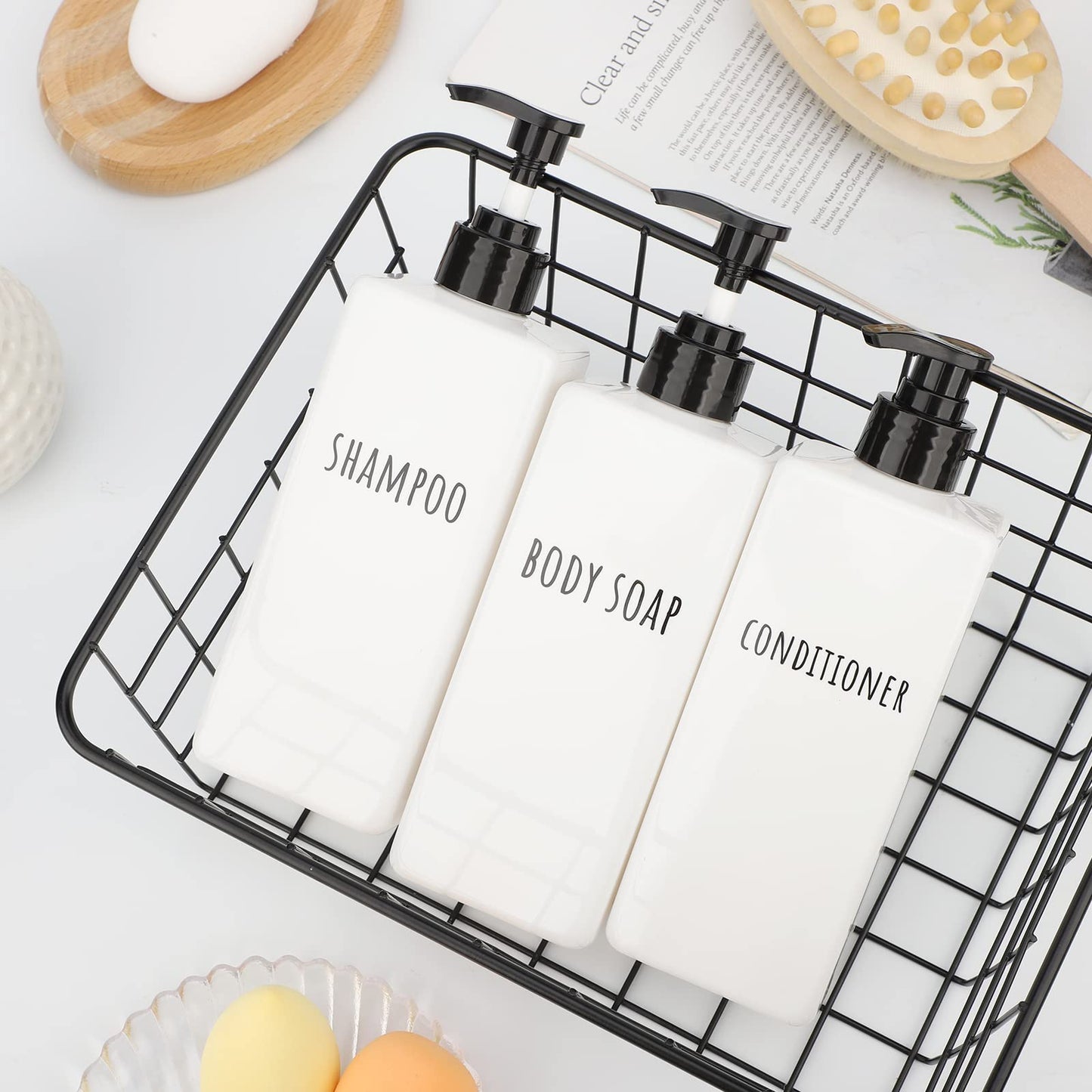 Segbeauty Plastic Soap Dispenser, 3pcs 16.9oz Refillable Shampoo Bottles White, 500ml Empty Square Pump Press Bottle Shower Dispenser Lotion Container for Modern Bathroom Hotel Kitchen