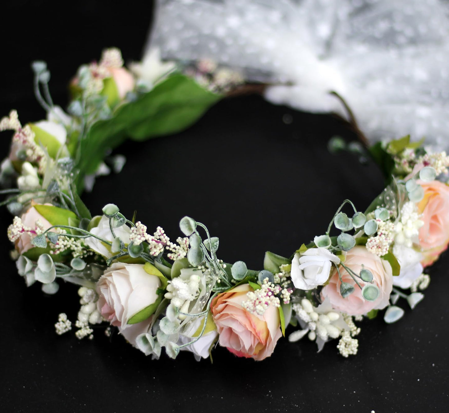 Vivivalue Rose Flower Crown Flower Garland Headband Hair Wreath Floral Headpiece Halo Boho with Ribbon Wedding Party Photos Pink