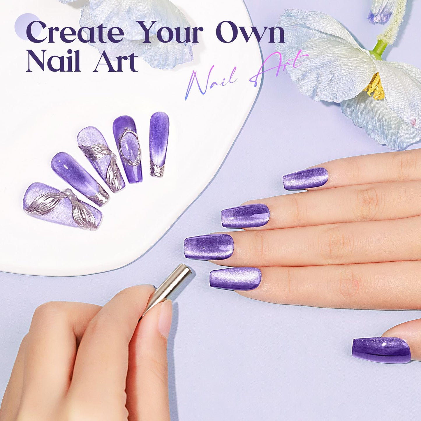 MIZHSE Cat Eye Gel Nail Polish: Purple Magnetic Gel Polish with Magnet Stick, Maillard Style Magic Effect Galaxy Shimmer Glitter Holographic Nail Gel Soak Off Nail Art Salon Manicure Home