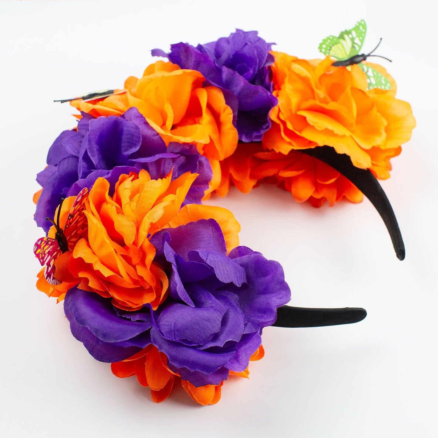 Mexican Flower Crown Headband with Butterfly, Day of the Dead Headpiece, Halloween Easter Festival Headwear, Dia De Los Muertos Hairhoop