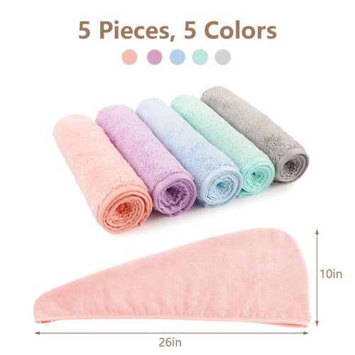 AIDEA Microfiber Hair Towel Wrap, 5 Pack Hair Turbans, Super Absorbent Quick Dry Hair Towel Wrap for All Hair Types Anti Frizz, 26"×10"