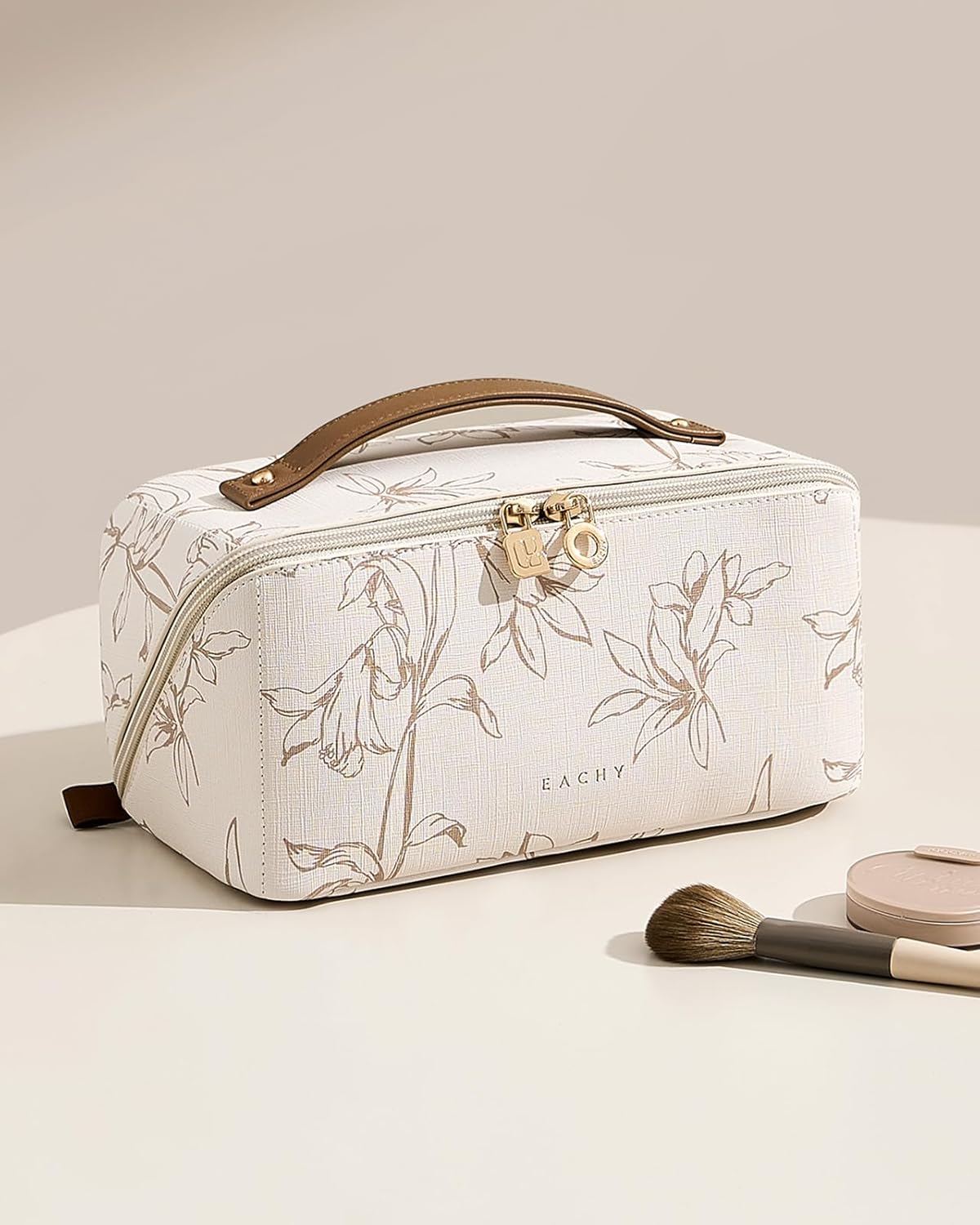 EACHY Travel Makeup Bag - Large Capacity Waterproof Cosmetic Pouch | Open Flat Design (F-Beige)