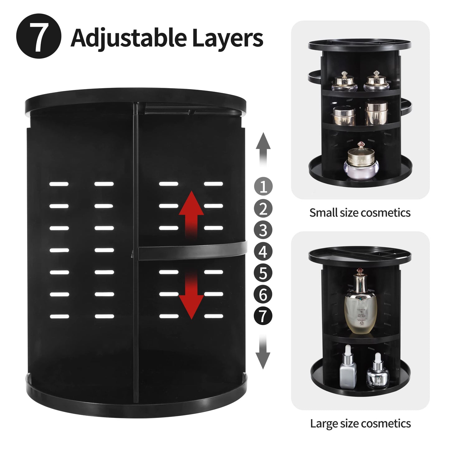 seinlife 360 Rotating Makeup Organizer,DIY Adjustable Spinning Holder,Foldable Cosmetic Storage Display box,Large Capacity Make up Caddy Shelf,Fits Countertop Vanity and Bathroom (BLACK)