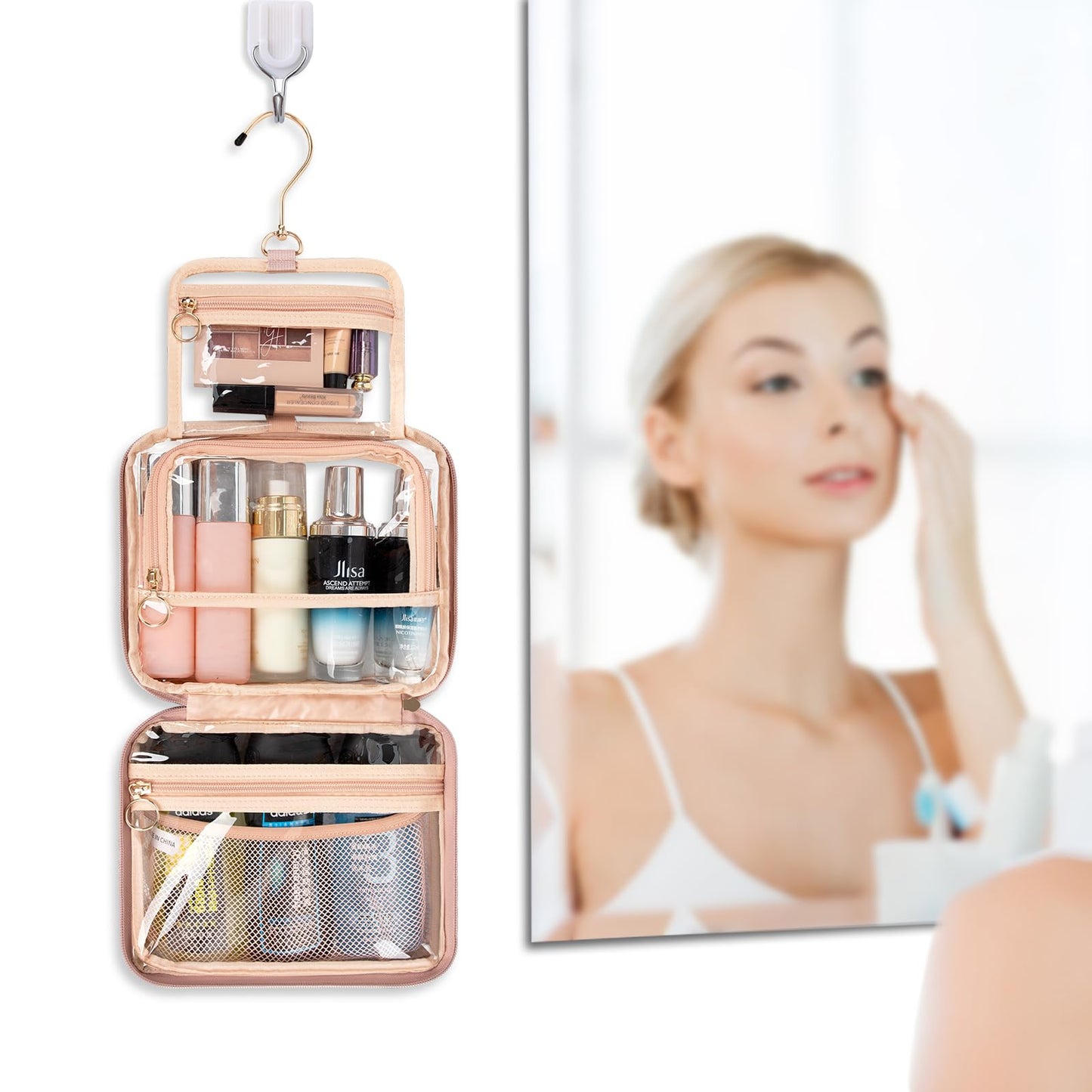 CUBETASTIC Clear Makeup Bag for Women, Transparent Cosmetic Organizer Case for Travelling, Hanging Toiletry Bag for Travel Essentials 3 Comparment Skincare Pouch with Potable Handle