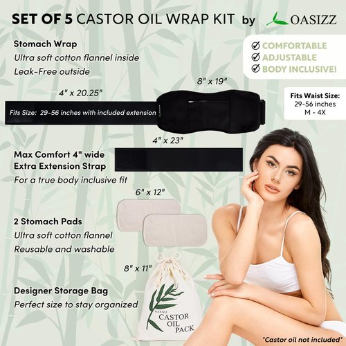 OASIZZ Premium Reusable Castor Oil Pack Wrap for Stomach (5-Piece, 29-56", Black) - Plush 100% Double-Brushed Cotton Flannel Interior Layers, Dark Fabric Hides Stains, Leak-Resistant Adjustable Design
