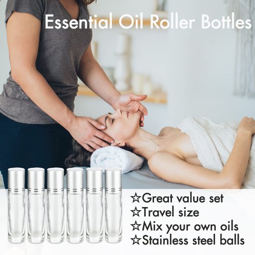 6 Pack Essential Oil Roller Bottles, 10ml Roller Balls for Essential Oils, Clear Glass Roller Bottles, Roll on Bottles with Stainless Steel Roller Balls, Labels, 1*Openers, 1*Funnels, 1*Dropper