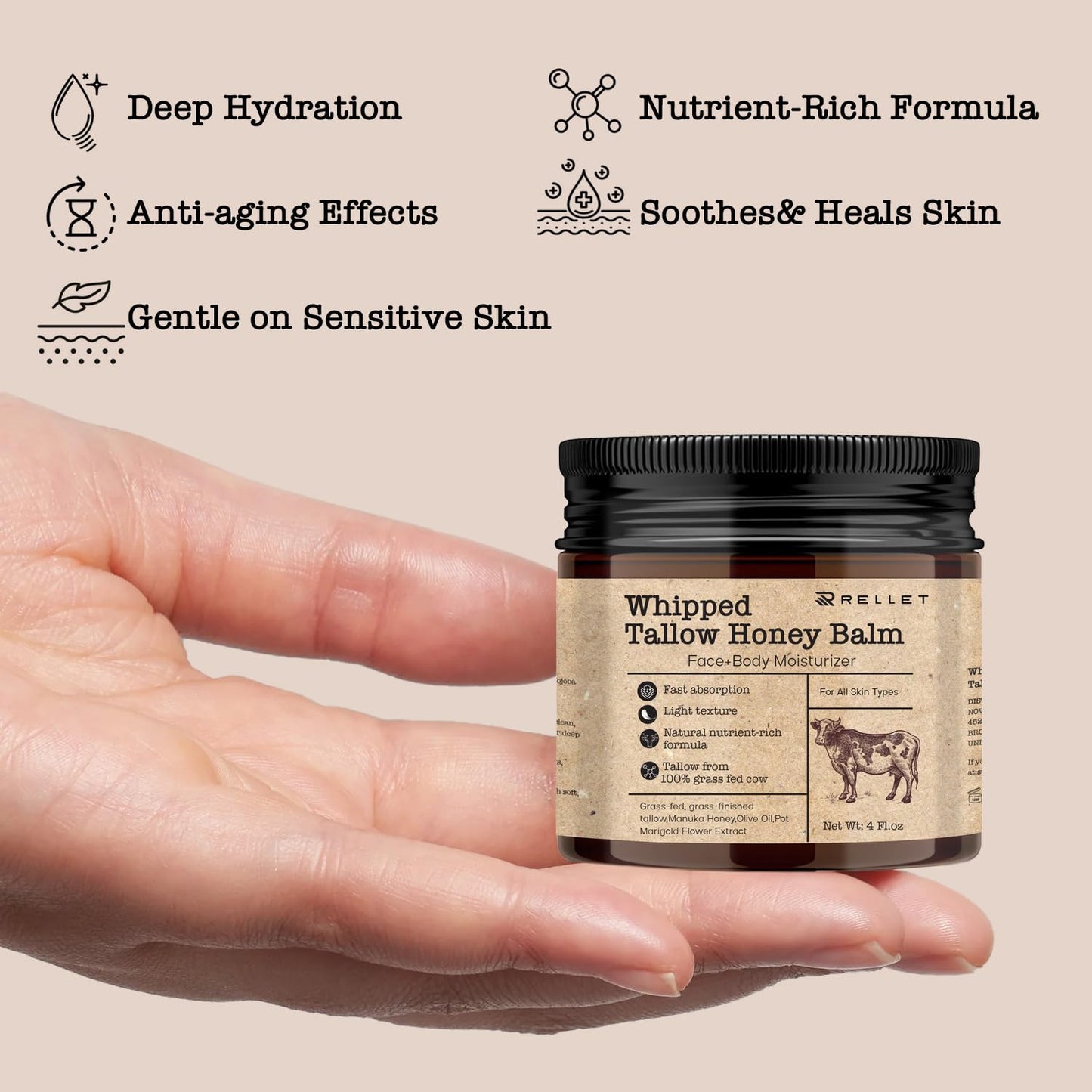 Beef Tallow and Honey Balm for Skin: 4oz Grass Fed Whipped Beef Tallow With Honey Face Body Moisturizer - Organic Unscented Fast Absorption Tallow Cream Infused with Manuka Honey Beeswax Olive Oil