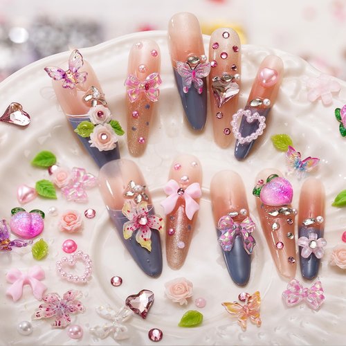 28 Grids Nail Charms Kit with Rhinestones for Nails, 3D Kawaii Bows, Cherry, Flowers, Butterfly. Red Pink Gold Nail Gems, Pearls & Metal Studs. DIY Manicure Art Supplies with Wax Pen & Tweezers