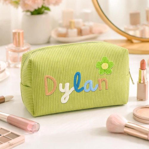 KAINSY Personalized Corduroy Makeup Bag - Custom Name & Pattern Design, Small Travel Pouch | Perfect Gift for Her