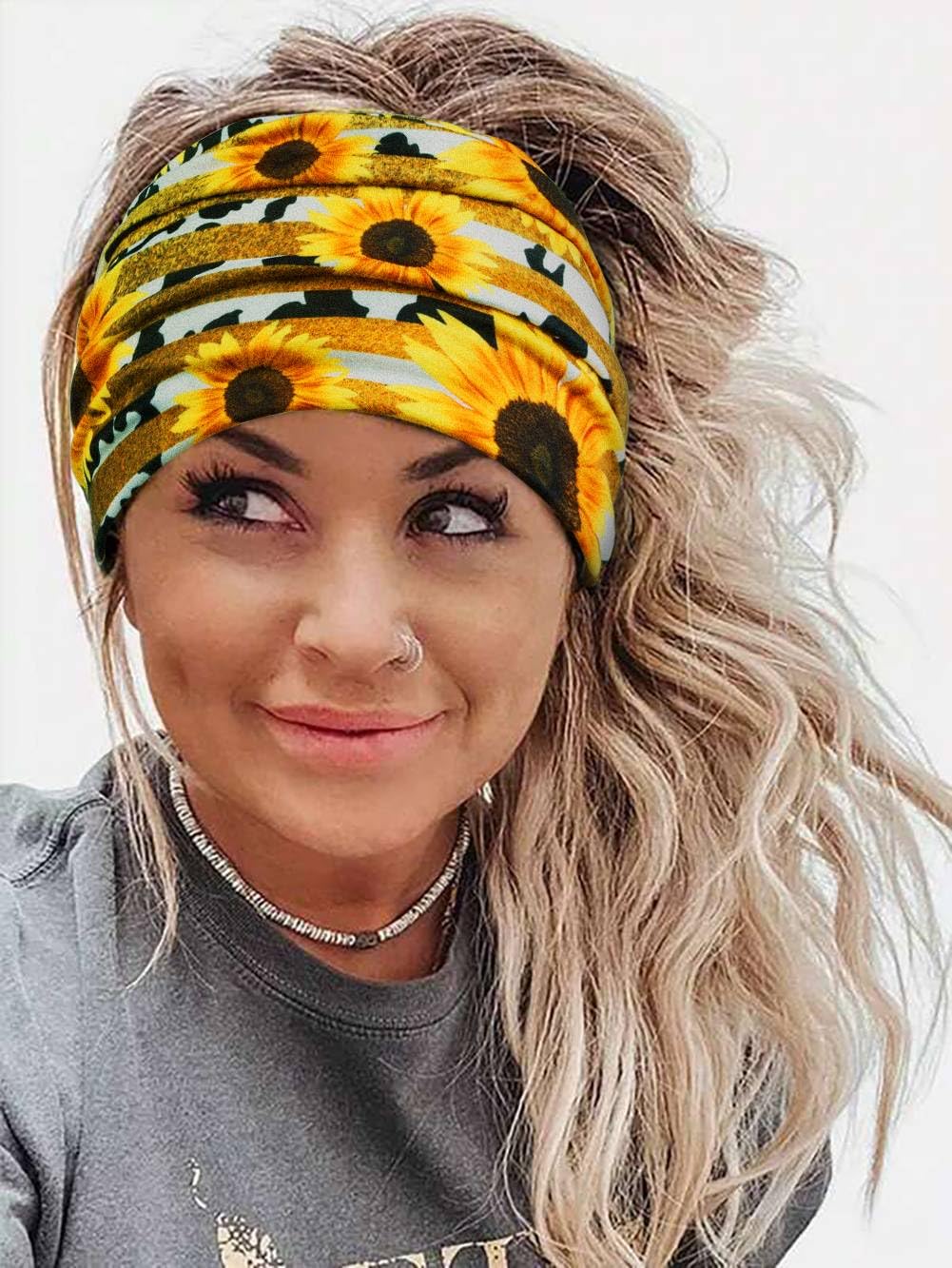 Huachi 4 Packs Boho Headbands for Women Wide Sunflower Thick Head Bands for Women's Hair Flower Printed Elastic Hairbands Large African Sport Yoga Turban Headband Hair Accessories (Pack of 4)