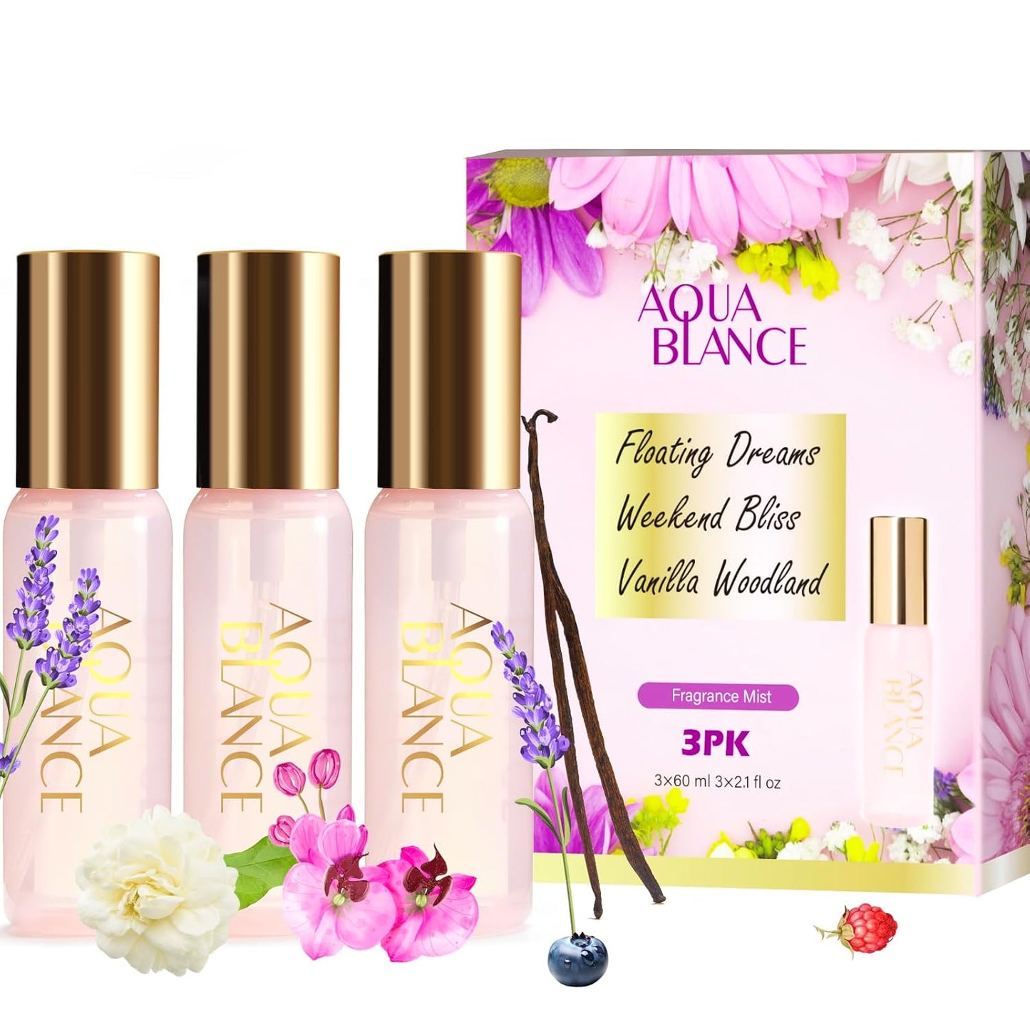 AQUA BLANCE Body Spray Set for Women - Travel Size 60ml | Three Scents: Vanilla, Lavender, Jasmine Raspberry