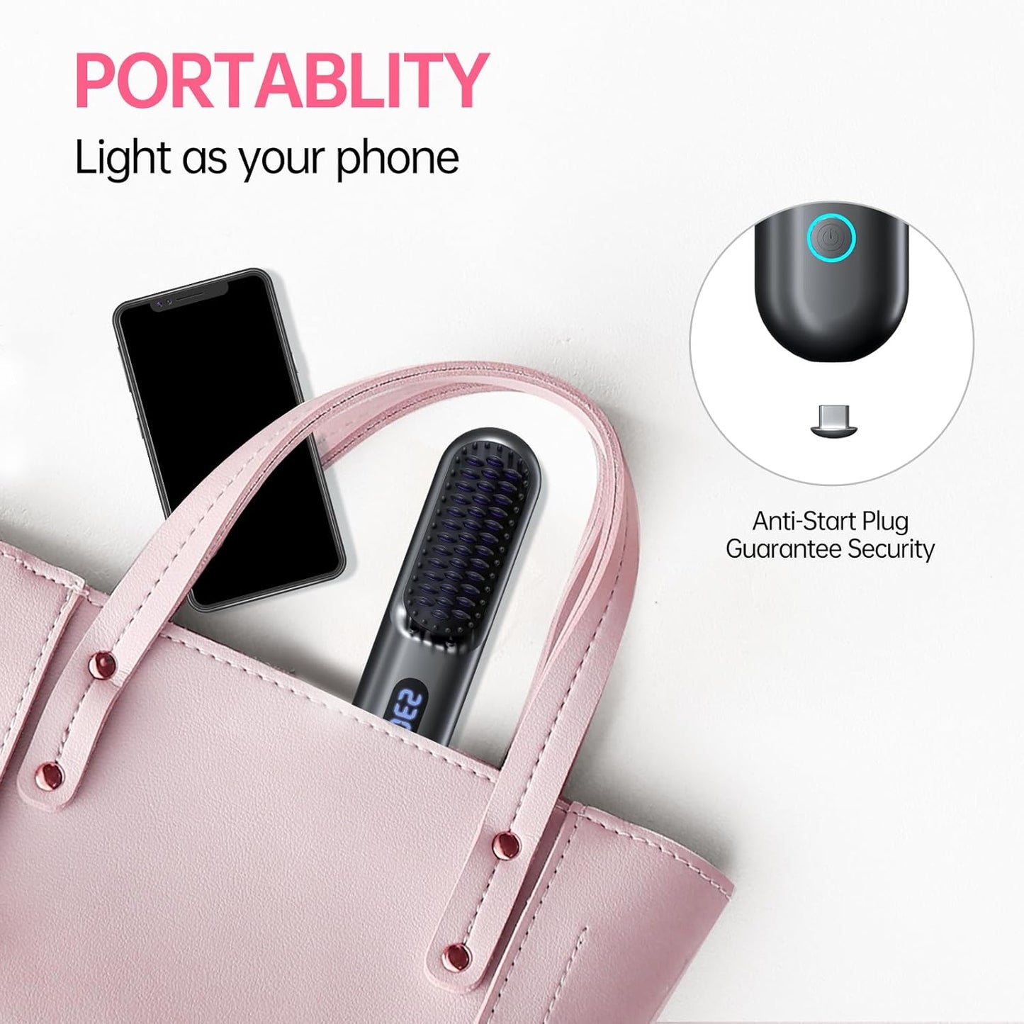 Skiennix Cordless Hair Straightener Brush - Portable 9600mAh Comb with Plasma Tech & 9 Temp Settings | LED Display (Grey)