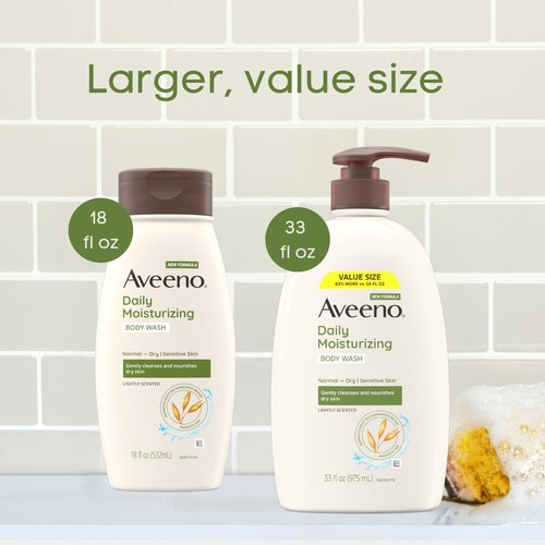 Aveeno Daily Moisturizing Body Wash for Dry & Sensitive Skin + Prebiotic Oat, Body Wash Gently Cleanses & Nourishes Dry Skin, Lightly Scented, Value Size, 33 fl. oz