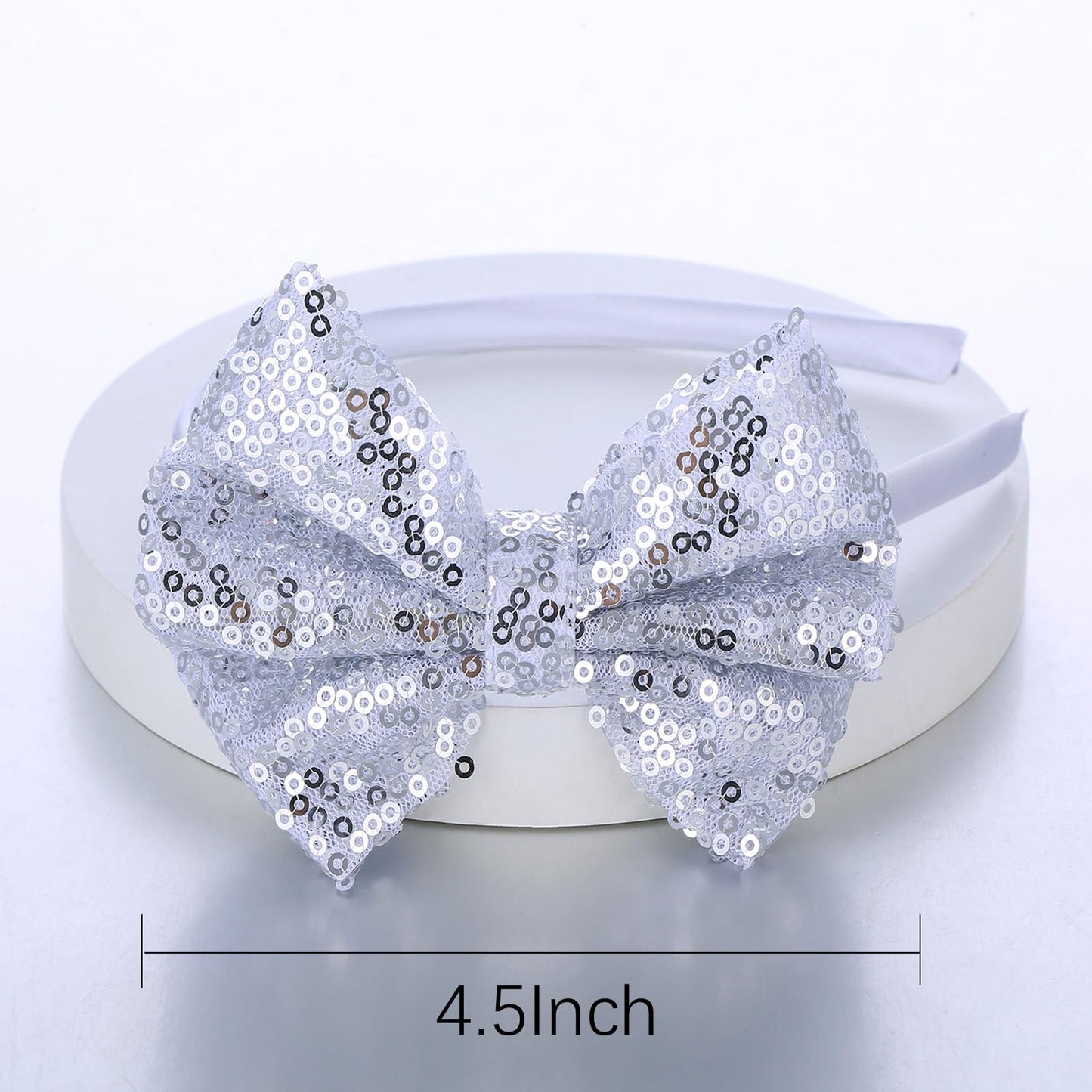 Kiszu Sparkly Sequin Hair Bow Headbands Fashion Glitter Cute Boutique Ribbon Bows for Girls, Kids, and Women (Sliver)