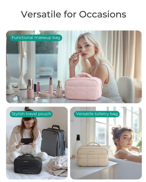 BAGSMART Toiletry Bag for Women, Travel Makeup Bag, Wide-open Portable Make Up Bag Organizer for Women for Travel Essentials Travel-Size Toiletries Accessories Bottles, Brushes, Pink