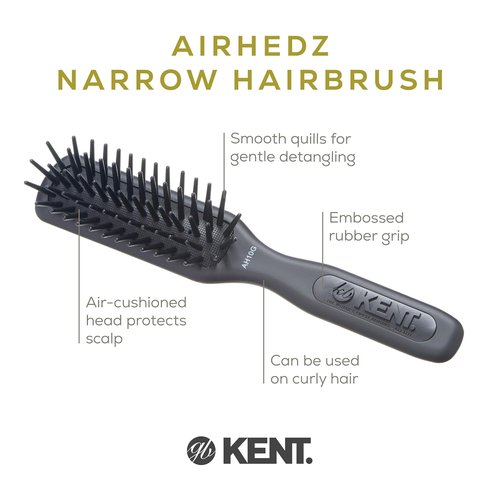 Kent AH10G Airhedz Pro Narrow Pin Hair Brush - Detangle Long, Thick & Curly Hair | Scalp Massager in Grey