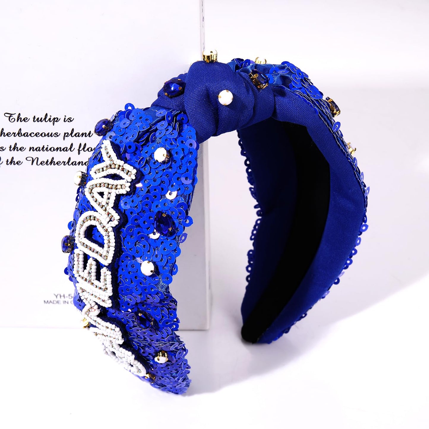 GLBCC Game Day Knotted Headband for Women Pearl Rhinestone Jeweled Wide Knot Headband Football Baseball Basketball Sequin Beaded Game Day Sports Headband Accessories (blue A)