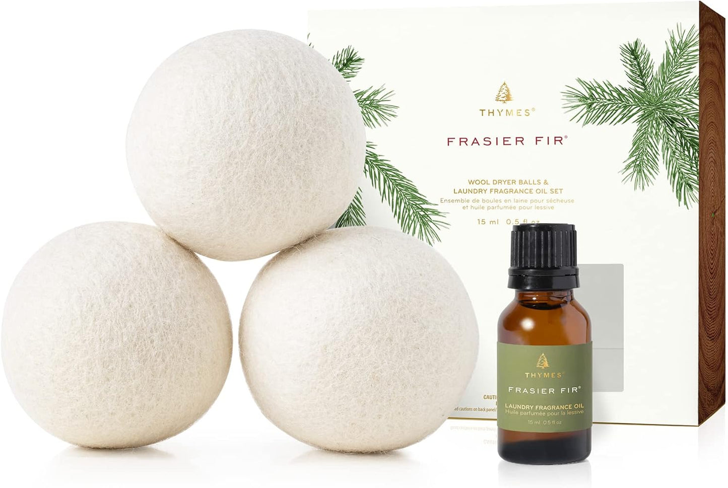 Thymes Wool Dryer Balls Set - 3 Eco-Friendly Laundry Balls + Scented Fragrance Oil | Eliminate Wrinkles & Static (Frasier Fir, 0.5 fl oz)