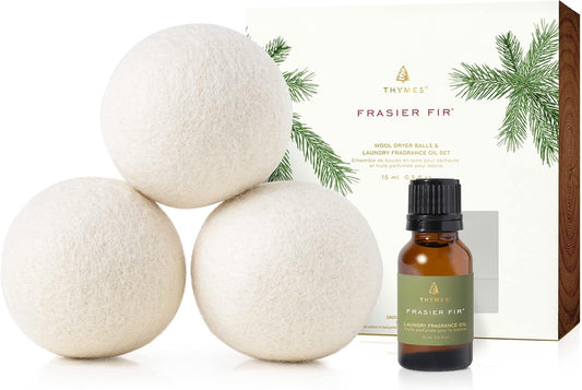 Thymes Wool Dryer Balls Set - 3 Eco-Friendly Laundry Balls + Scented Fragrance Oil | Eliminate Wrinkles & Static (Frasier Fir, 0.5 fl oz)