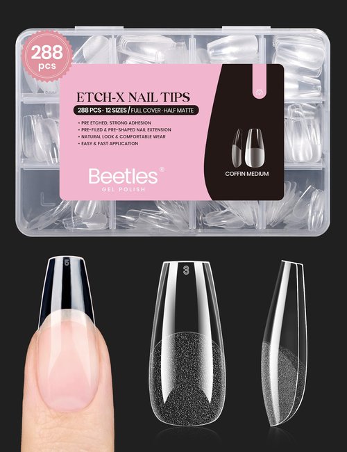 Beetles Gel Nail Tips Medium Coffin Etch X, 12 Sizes 288Pcs Pre Shaped Half Matte Full Cover Press On False Nails Tips Acrylic Fake Nail Extensions Kit Easy DIY Salon Manicure Gift for Women