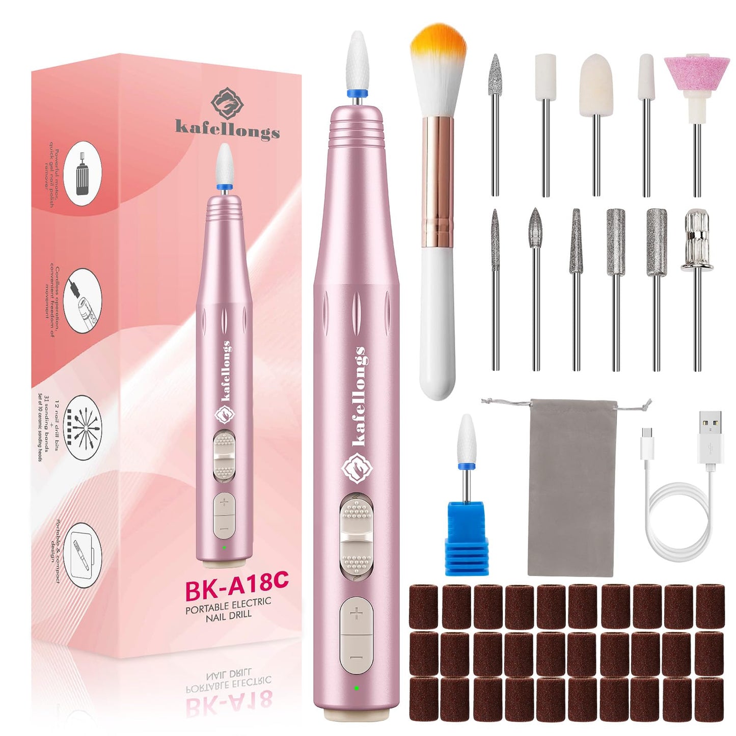Kafellongs Cordless Electric Nail Drill Electric Nail File and buffers Gel Nail Polish Women Professional Manicure Machine， Acrylic Nail kit Gel dip Powder Nail kit Nail