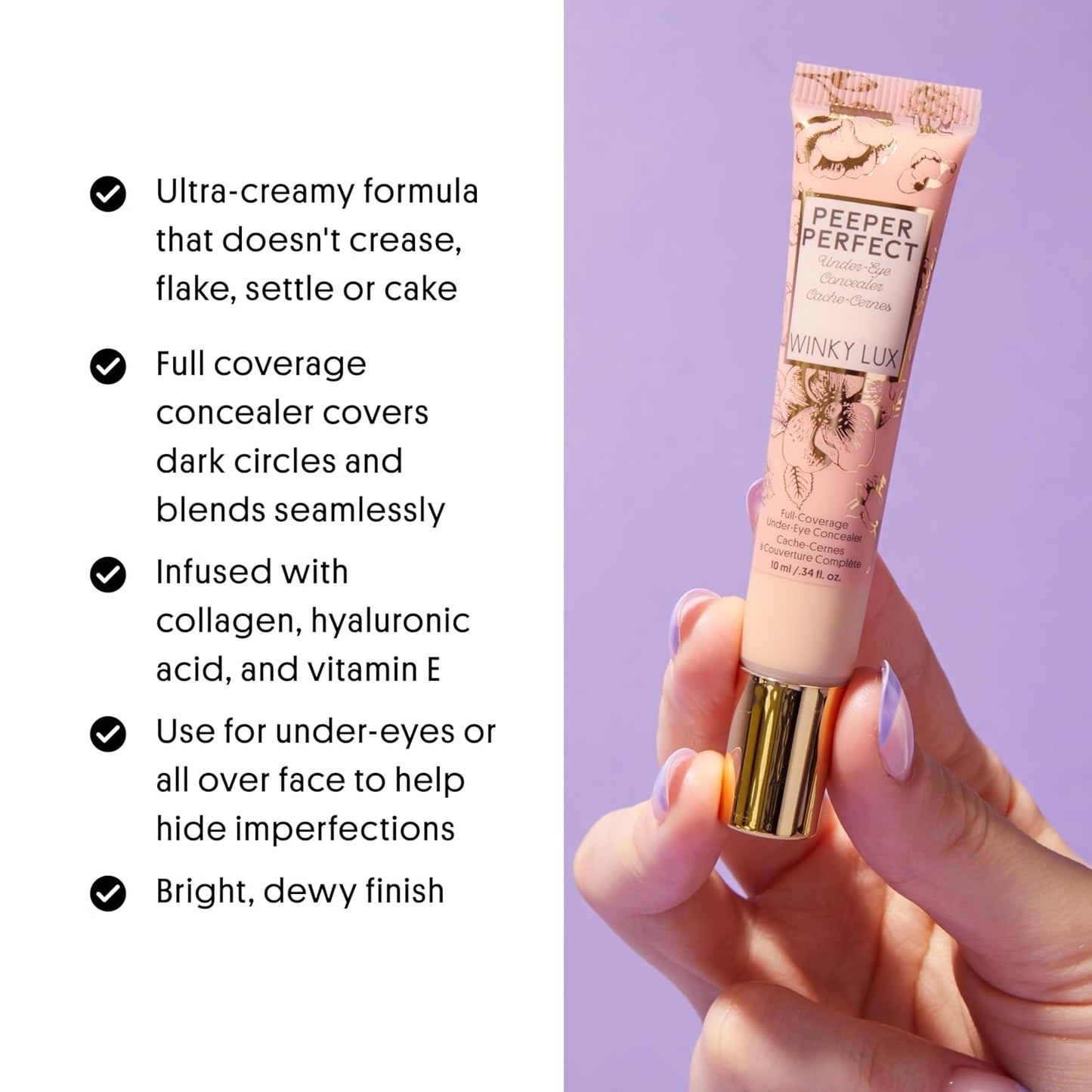 Winky Lux Peeper Perfect Under Eye Concealer - Full Coverage Brightener with Collagen & Hyaluronic Acid (Light Beige)