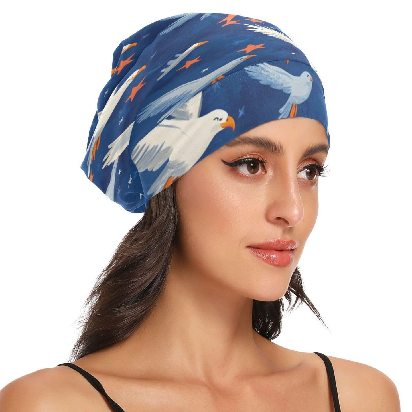 ElliTarr Beanie Hat Satin Bonnet Lined Sleep Cap Hair Wrap Cover Slouchy Beanie for Curly Hair Protection for Gifts for Men Women Cartoon Bald Eagle and Patriotic Stars