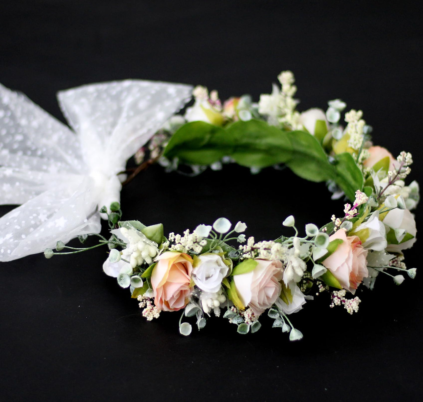 Vivivalue Rose Flower Crown Flower Garland Headband Hair Wreath Floral Headpiece Halo Boho with Ribbon Wedding Party Photos Pink