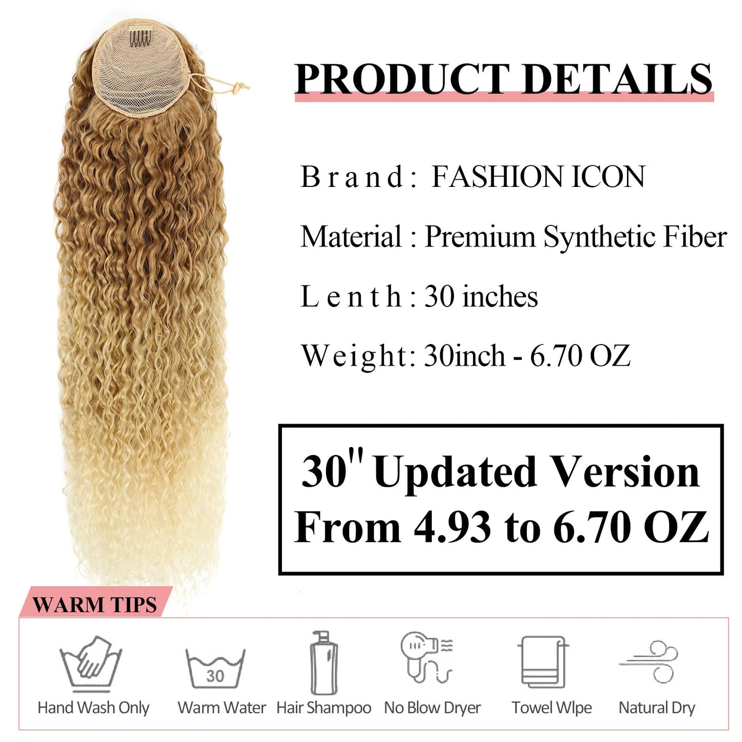 Long Curly Drawstring Ponytail Extension 30Inch Corn Wave Clip in Ponytail Extensions Synthetic Hairpiece for Black Women(0T27/613)