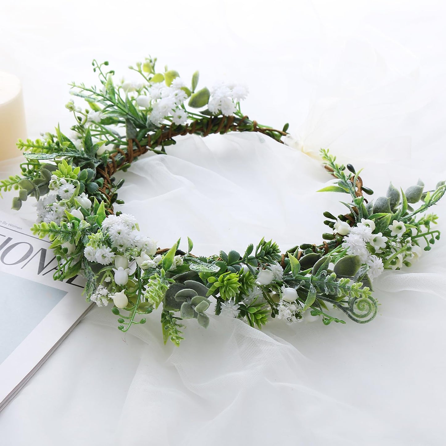 YnimioAOX Handmade Adjustable Flower Wreath Headband Halo Floral Crown Garland Headpiece,E2727-beige