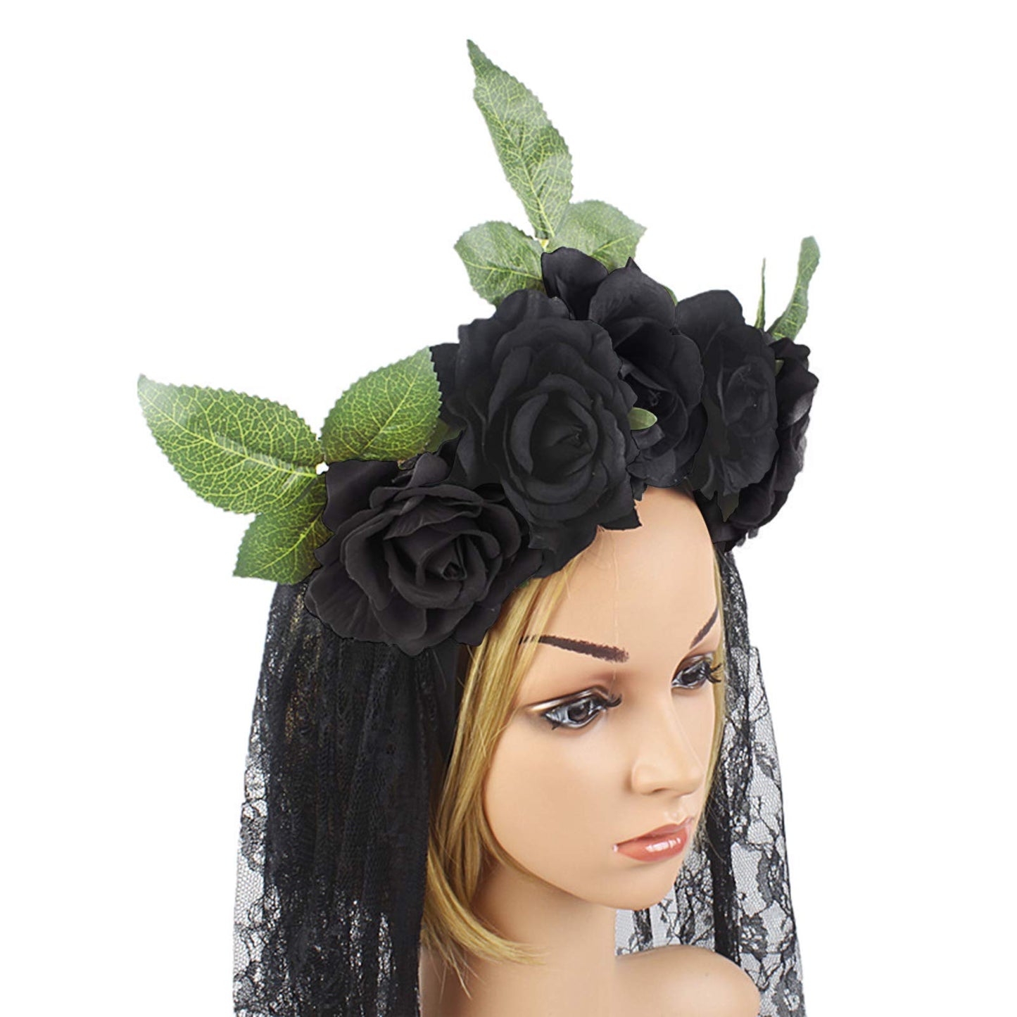 Halloween Costume Black Funeral Veil Witch Cosplay Gothic Headband Party Rose Flower Crown Garland Mexican Headpiece