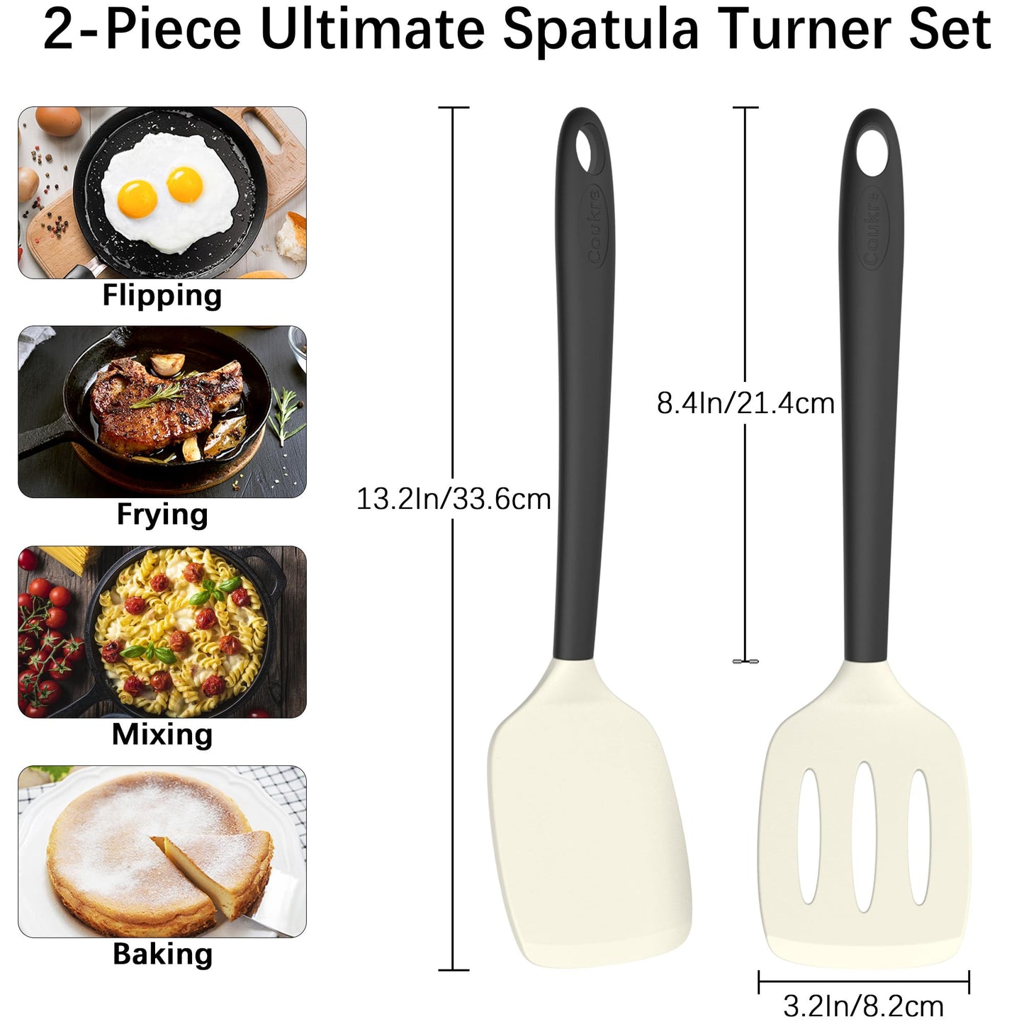 Coukre 2 Pack Silicone Spatula Set, High Heat Resistant, BPA Free Kitchen Spatula, Solid & Slotted Turner for Non-Stick Pans, Sautéing, and Flipping (2, AquaGreen)