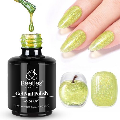 Beetles Green Gel Nail Polish, 15 ML Spring Pistachio Frappe Glitter Gel Nail Polish Pastel Color Shimmer Soak Off UV Gel Polish Salon DIY at Home Gift for Women